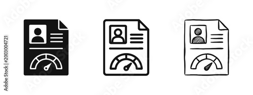 Performance Review Icon Set, Document with Gauge Meter and Profile, Assessment Symbols