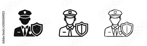 Security Officer with Shield Icon Set in Solid Outline and Hand Drawn Styles for Protection and Safety