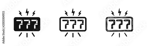 Lucky 777 Slot Machine Jackpot Icon Set in Solid Outline and Hand Drawn Styles for Casino Gambling