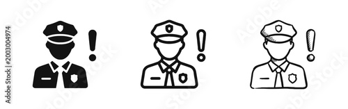 Security Officer with Exclamation Alert Icon Set in Solid Outline and Hand Drawn Styles for Warning Signal