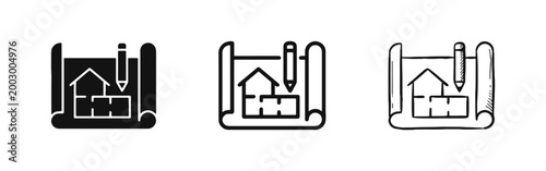 House Blueprint and Pencil Icon Set in Solid Outline and Hand Drawn Styles for Architecture and Construction