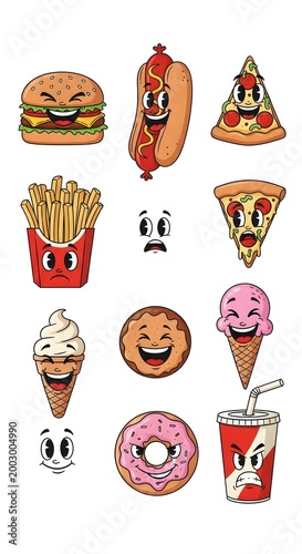Set of Cute Retro Cartoon Style Fast Food Characters with Expressive Faces and Vibrant Colors for Fun Culinary Graphics