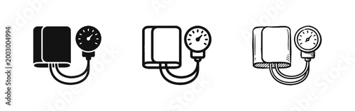 Blood Pressure Monitor Sphygmomanometer Icon Set in Solid Outline and Hand Drawn Styles for Medical Checkup