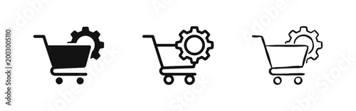 Shopping Cart with Gear Settings Icon Set in Solid Outline and Hand Drawn Styles for E-commerce Processing