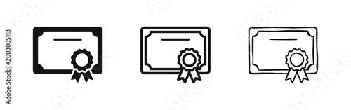 Achievement Certificate with Seal Icon Set in Solid Outline and Hand Drawn Styles for Education and Graduation