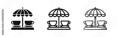 Outdoor Cafe Table with Umbrella and Cups Icon Set in Solid Outline and Hand Drawn Styles for Leisure