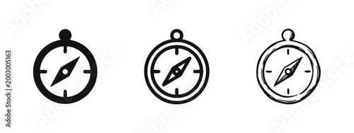 Compass Navigation Icon Set - Solid, Outline, and Hand-Drawn Sketch Styles