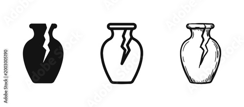 Broken Vase Icon Set - Solid, Outline, and Hand-Drawn Sketch Styles