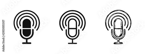 Microphone Broadcast Icon Set - Solid, Outline, and Hand-Drawn Sketch Styles
