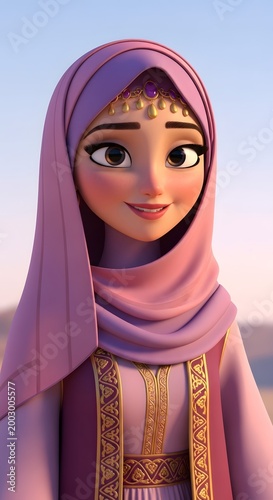 3D animated style portrait of a smiling young Muslim woman wearing a beautiful pink hijab and traditional dress in the desert