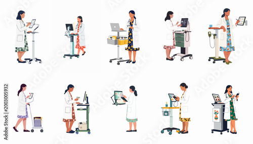 Fotografía Illustration set of diverse female medical professionals using various modern healthcare technologies and mobile computer workstations on wheels in a clinical setting