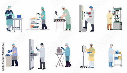 Photos Set of medical and pharmaceutical workers in protective gear performing various tasks in a cleanroom laboratory environment, flat vector illustration