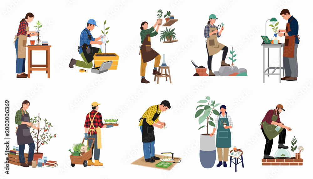 Fototapeta premium Diverse people engaged in various gardening activities, including planting, pruning, and plant care, illustrated in a flat style on white background.