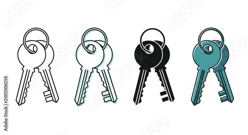Keys set with various color schemes and line art styles featuring keychain, key ring, key