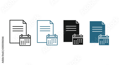 Documents and calendar icons set with lines and colors featuring paperwork, schedule, organization