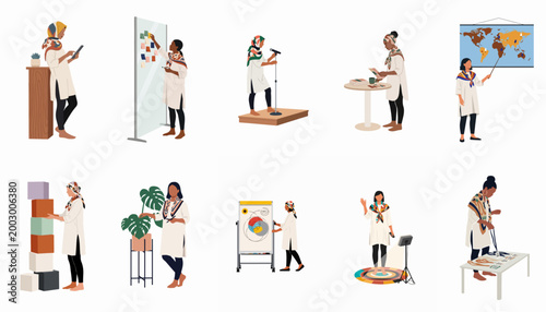 Fotografie Diverse women in modest fashion engaged in professional activities, including public speaking, project management, and content creation, depicted in a flat illustration style