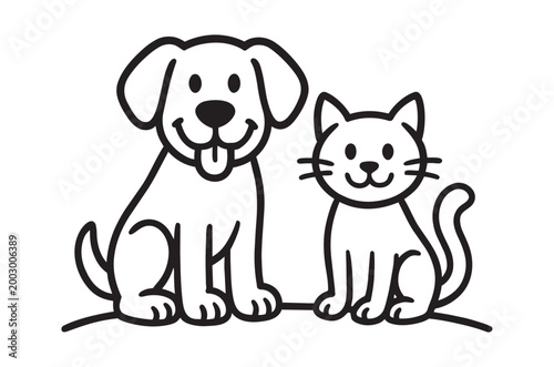 Simple line drawing depicting a happy dog and a contented cat together