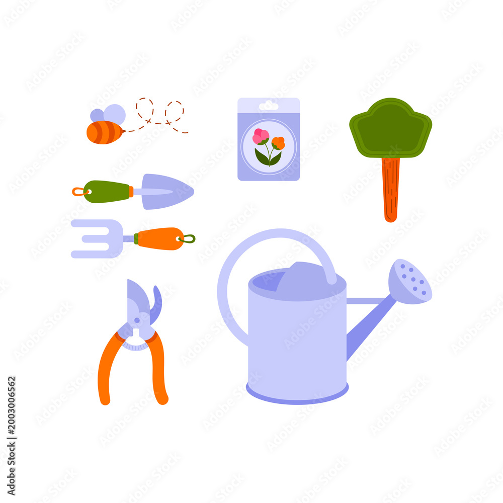 Obraz premium Gardening Tools Set, Watering Can, Pruner, and Seeds Vector Illustration