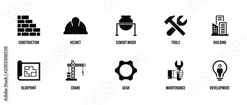 Build Icon Set – Construction Tools Blueprint and Engineering Development Symbols Collection