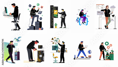 Collection of vector illustrations depicting a male programmer in various tech scenarios such as coding, server management, gaming, hardware repair, and cloud computing.