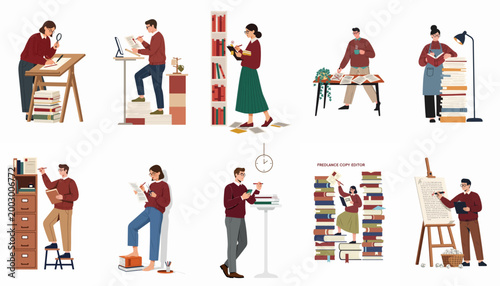 Flat vector illustrations of professional copy editors and proofreaders working with manuscripts, books, and style guides in various office settings.