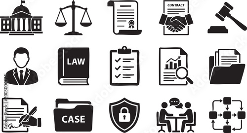 Set of legal and justice icons including courthouse scales of justice contract and gavel representing law and legal system concepts.