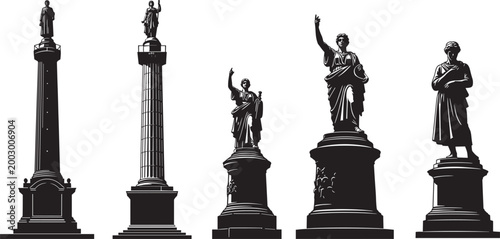 Set of black and white silhouettes depicting various historical monuments and statues on pedestals including columns and figures for architectural and travel design projects.