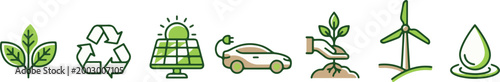 Eco & Sustainability Icon Set – Green Energy, Recycling, Electric Car, Solar & Nature Line Icons