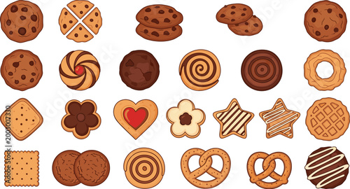 Cookies and biscuits assortment with chocolate chip, pretzels and decorated shapes, bakery sweets vector illustration set