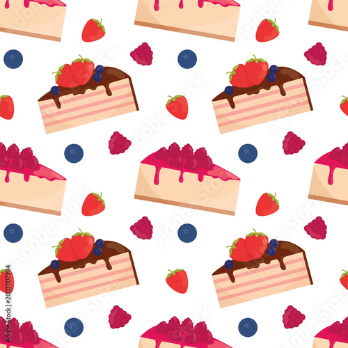 Seamless pattern with berry cakes, strawberries, raspberries and blueberries on white background. Sweet dessert background.