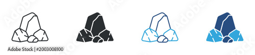 Rock and stone icon set. Nature and geology concept. Mountain rocks in outline, solid and color variations. Vector illustration.