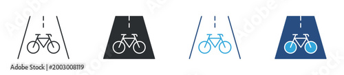 Bicycle lane icon set. Cycling road concept. Bike path symbol in outline, solid and color styles. Vector illustration.