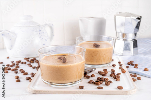 Canvas Print Italian coffee latte mousse dessert, whipped semifreddo souffle or pudding in po