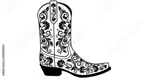 Canvas Print Black and White Cowboy Boot with Floral Pattern - Vector Graphic