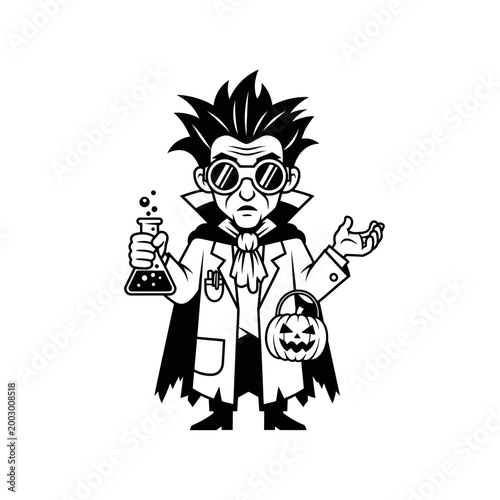 Mad Scientist Character with Potion and Halloween Pumpkin Basket