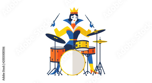 Queen Drummer Playing Drums, Royal Musician with Crown and Sticks