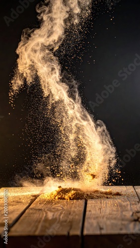 Dust erupts from a wood surface against a dark backdrop, creating an ethereal swirl