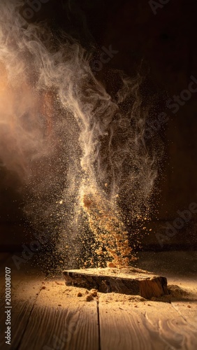 Dust cloud erupts from a small wooden surface, lit by warm, diffused light