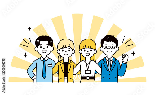 肩を組んで頑張る、チームワークで働く、若い男女のビジネスチームの上半身ベクターイラスト素材