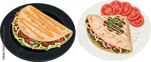 Fresh Wraps with Meat, Vegetables, Sauce, and Tomato Slices for Healthy Meal, Fast Food, and Culinary Illustration Designs