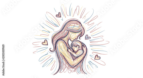 Illustration of mother holding baby with love and care