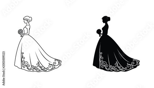 Beautiful bride in wedding dress holding bouquet silhouette icon set with ornate hemline detail in line art and solid black vector designs for bridal boutiques