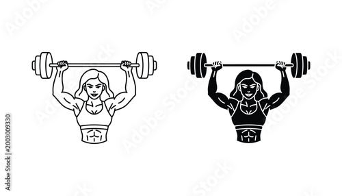 Strong woman weightlifting with barbell icon set featuring muscular female silhouette in line art and solid black vector designs for fitness and gym branding