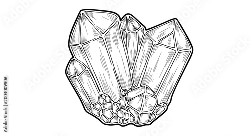 Detailed illustration of a clear quartz crystal cluster