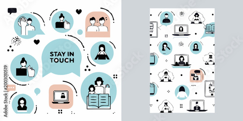 Foto stay in touch vector illustration pack with communication icons and social dista