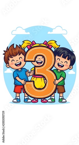 Cute Cartoon Children Holding the Number Three for Birthday or Educational Content