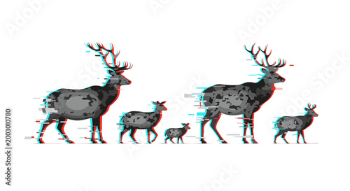 Set of illustrated reindeer with antlers and small size