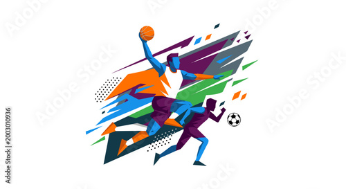 Dynamic athletes playing soccer in colorful action scene