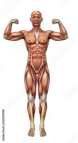 Human muscle anatomy figure showing muscular system over transparent background.