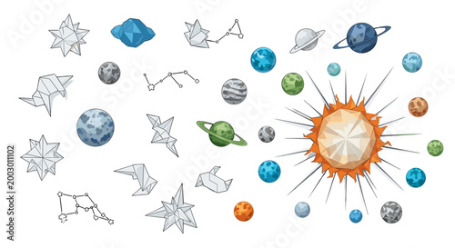 Collection of colorful planets stars and space objects